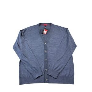Isaia Napoli Blue Merino Wool Pearl Button Men's Cardigan Size L‎ NWT